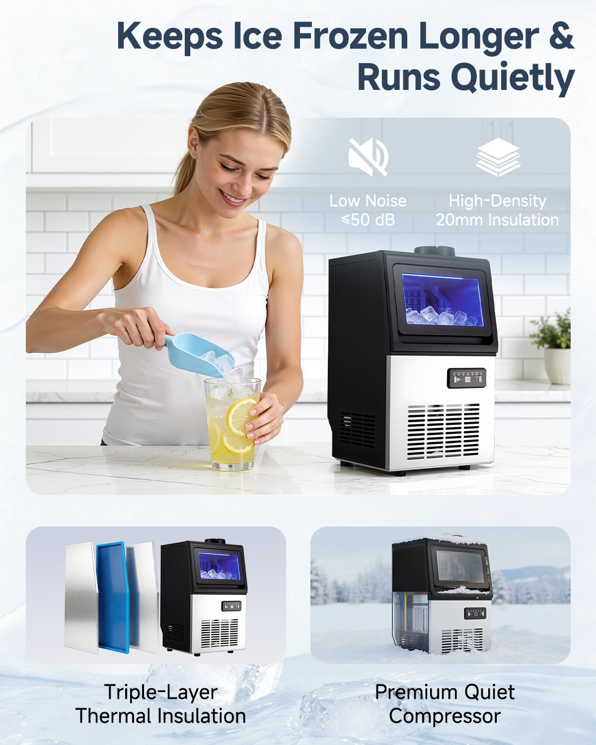 JFHID 90LBS/24H 2-in-1 Countertop Ice Maker, Freestanding Ice Machine with 2 Water Inlets