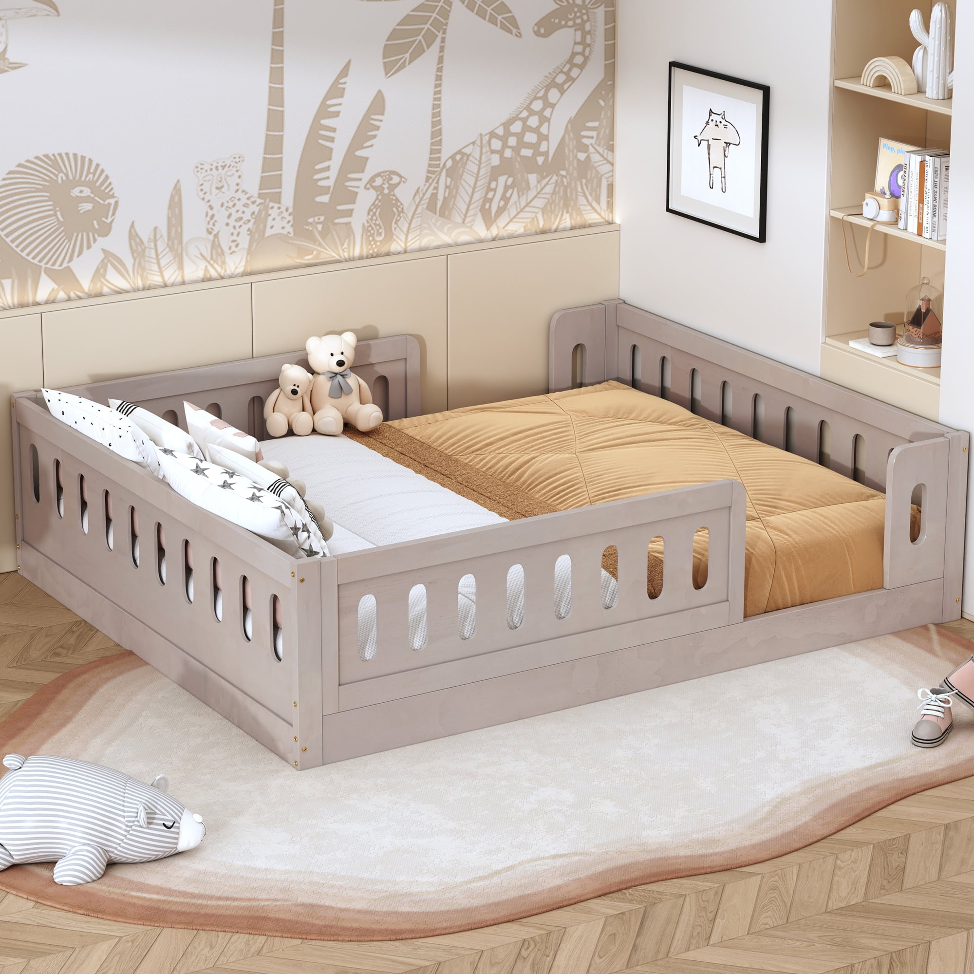 Solid Pine Wood Full Size Kids Platform Bed with Semi-Enclosed Safety Guardrail, Fits 6"-8" Mattress No Box Spring Needed Low Floor Bed
