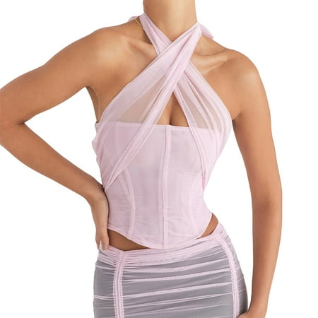 Womens Summer Criss Cross Halter Neck Corset Tops Mesh Bandage Backless Sleeveless Club Crop Top Streetwear