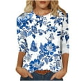 thumbnail image 5 of NTACZA 3/4 Sleeve Tops for Women Blue Hawaiian Round Neck Floral Blouses Ladies Blouses L, 5 of 7