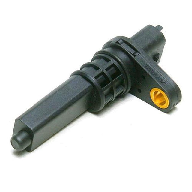 sensor velocidad bruck-germany 9114603, sensor de velocidad negro para transmisión estándar con cuerpo plástico alargado y montura lateral plana; orificio de fijación con inserto amarillo visible, vista 3/4 frontal sobre fondo blanco, para señal del velocímetro y la ECU; también suele emplearse para pruebas diagnósticas rápidas en bancos de taller.
