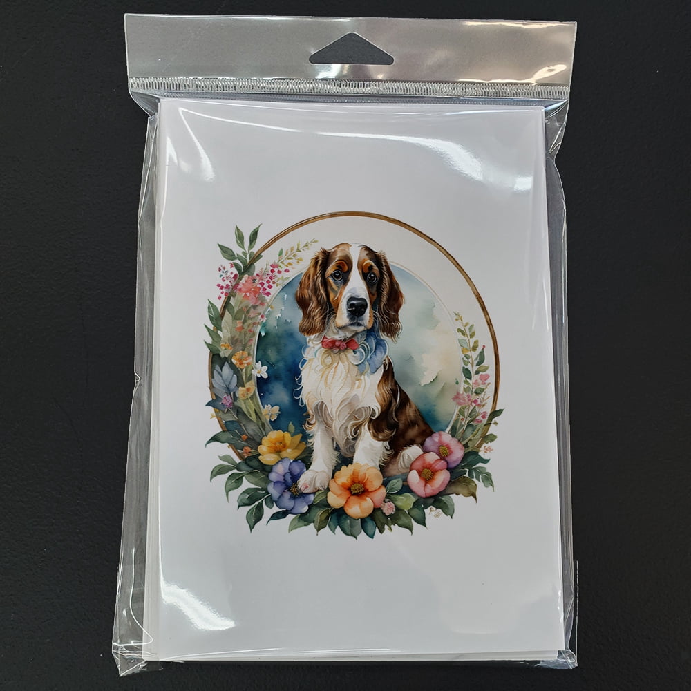 Welsh Springer Spaniel and Flowers Greeting Cards and Envelopes Pack of 8 7 in x 5 in