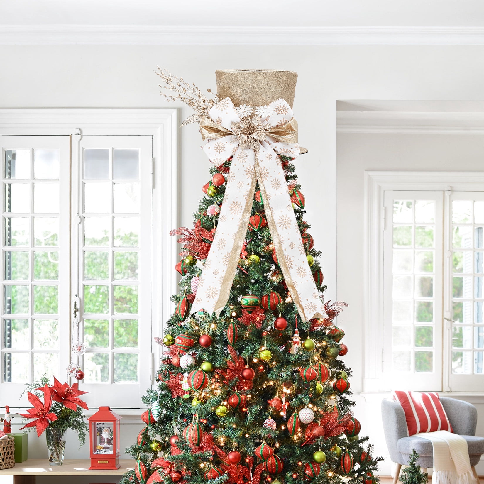 Towallmark Christmas Tree Topper, Ribbon Bow Topper for Tree,Xmas Ornaments for Holiday Decor, Great Gift Christmas Decoration,9.84 x 9.84 in