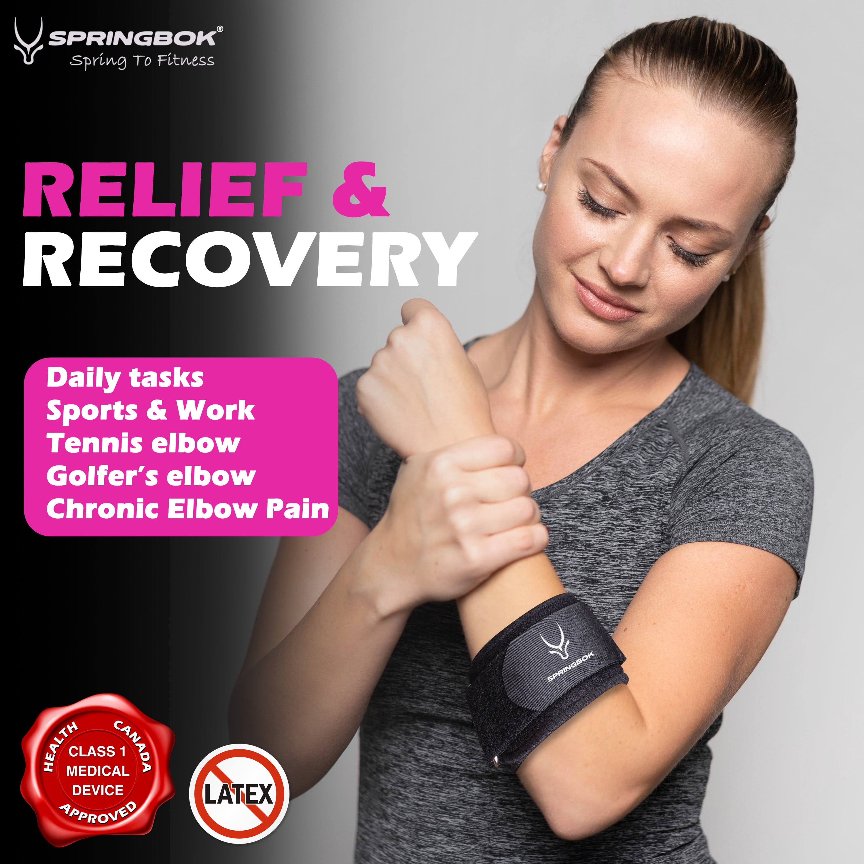 Springbok Tennis Elbow Brace – Adjustable Elbow Strap for Tendonitis & Golfer's Elbow – Compression Support Band for Forearm Pain Relief – Non-Slip Fit for Men & Women (Single, Black)