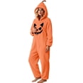 thumbnail image 5 of Inleife Women's Halloween Pumpkin Face Print Hooded Plush Fleece Onesie, Full Zip Jumpsuit with Side Pockets for Cosplay Holiday Party Wear, 5 of 6