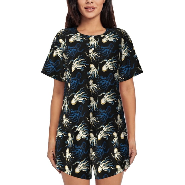 Fotbe Octopus 1 Conjunto de Pijama Estampado para Mujer, 2 Piezas, Ropa de Dormir con Camiseta de Manga Corta y Shorts Suaves-Small