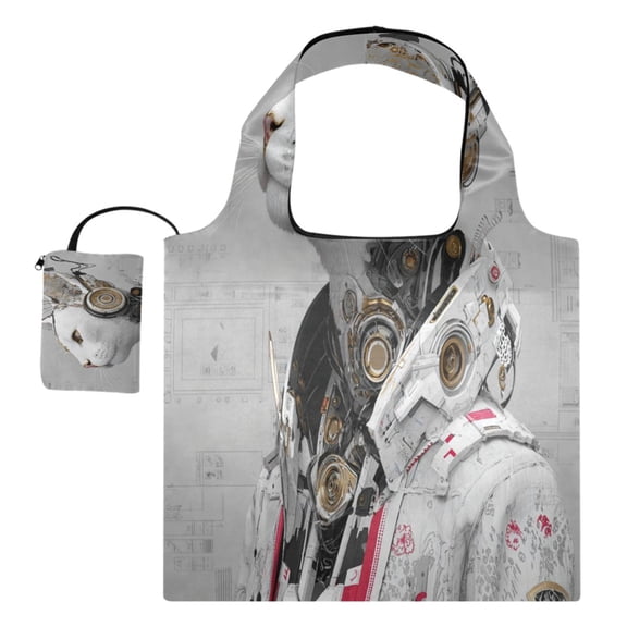 Large Capacity Print Tote Bag,Lightweight Portable Foldable Shopping Bag White Cat