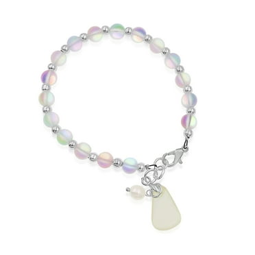 Besheek Silvertone, Clear, Yellow Seaglass and Freshwater Pearl Beaded Bracelet