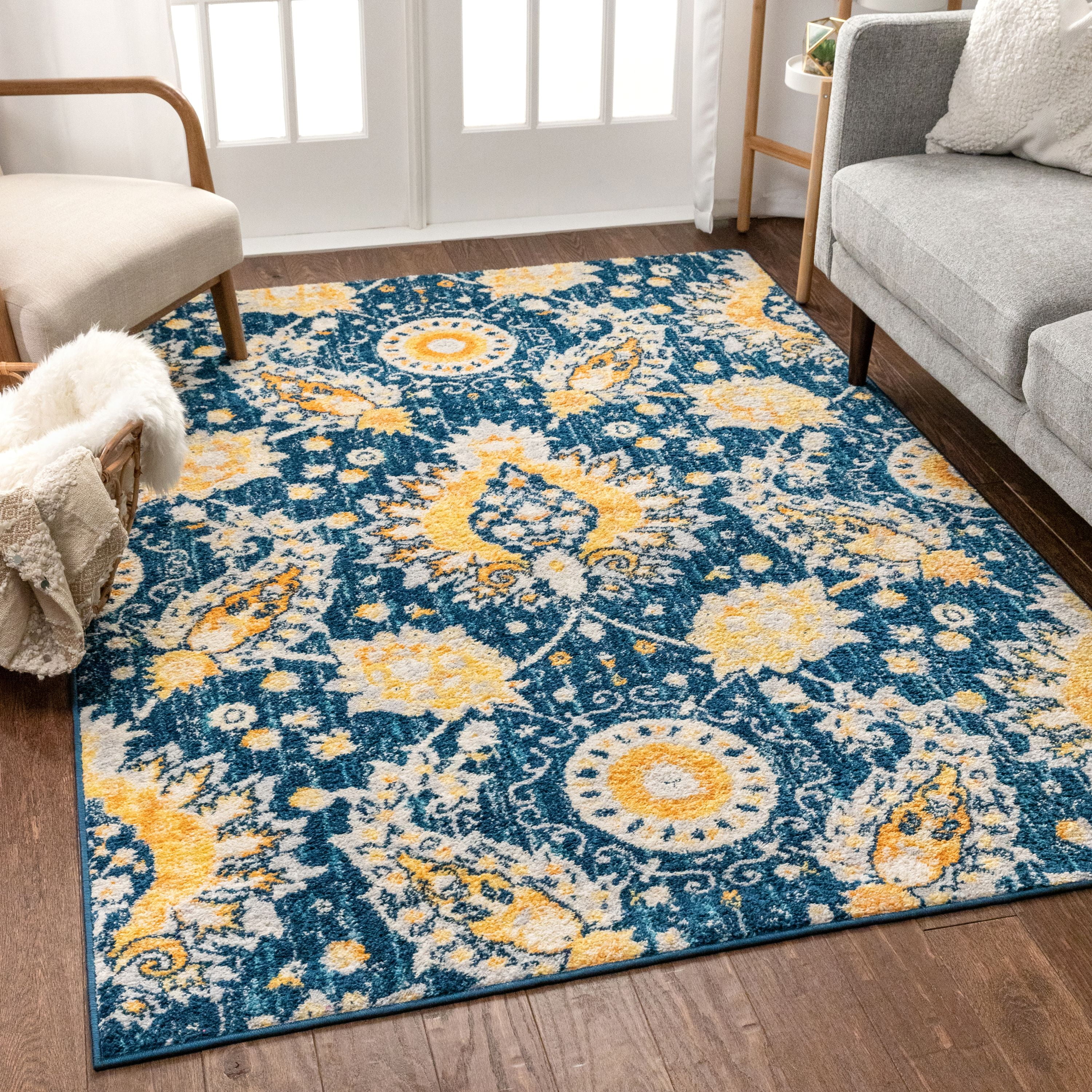 Mila Oriental Medallion Vintage Blue & Yellow Area Rug 5x7 (5'3" x 7'3