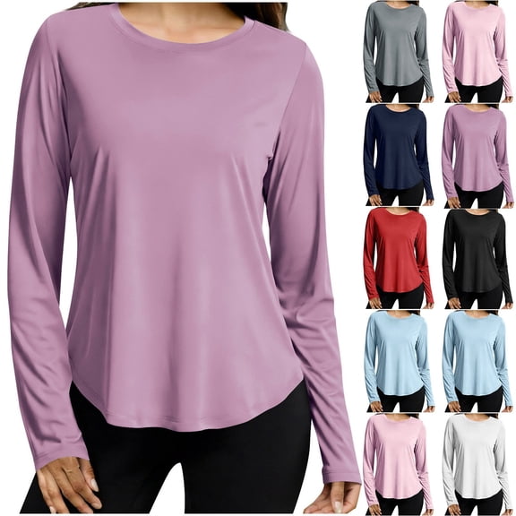 SROBPTY Womens Fall Top Solid Crew Neck Long Sleeve Sport Sun Protection Shirts