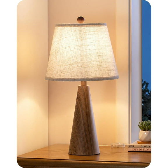 21.85" Farmhouse Table Lamp, Rustic Bedside Lamp, Water Transfer Walnut Wood Grain Metal Base, Beige Linen Shade, Minimalist Nightstand Light for Living Room, Bedroom, Office, E26 Base