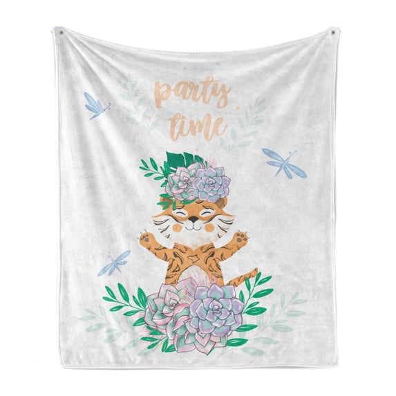 Party Time Soft Flannel Fleece Throw Blanket, Smiling Lion Character Succulents and Dragonflies on Plain Background Print, Cozy Plush for Indoor and Outdoor Use, 70" x 90", Multicolor, by Ambesonne