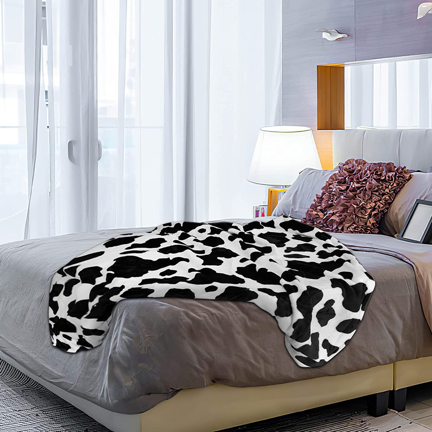Greswe Fleece Cow Print Blanket Black And White Bed Cow Throws Soft Couth Sofa Cozy Warm Small Blankets Plush Gift For Daughter Mom Bedroom Decor 50x