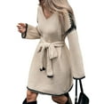 thumbnail image 3 of Tie-Waist Loose Knitted V-Neck Long Sleeved Autumn Dress Contrast Sleeves Pullover Sweater Dress S, 3 of 9