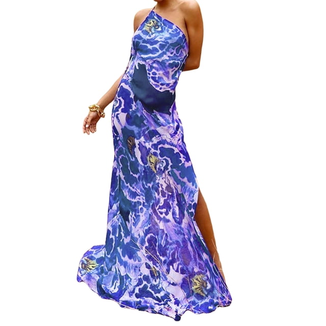 Txlixc, vestido largo sin mangas de verano para mujer, vestido de chifón con hombro oblicuo estampado a la moda, vestido de vacaciones de playa con abertura alta Txlixc Moda