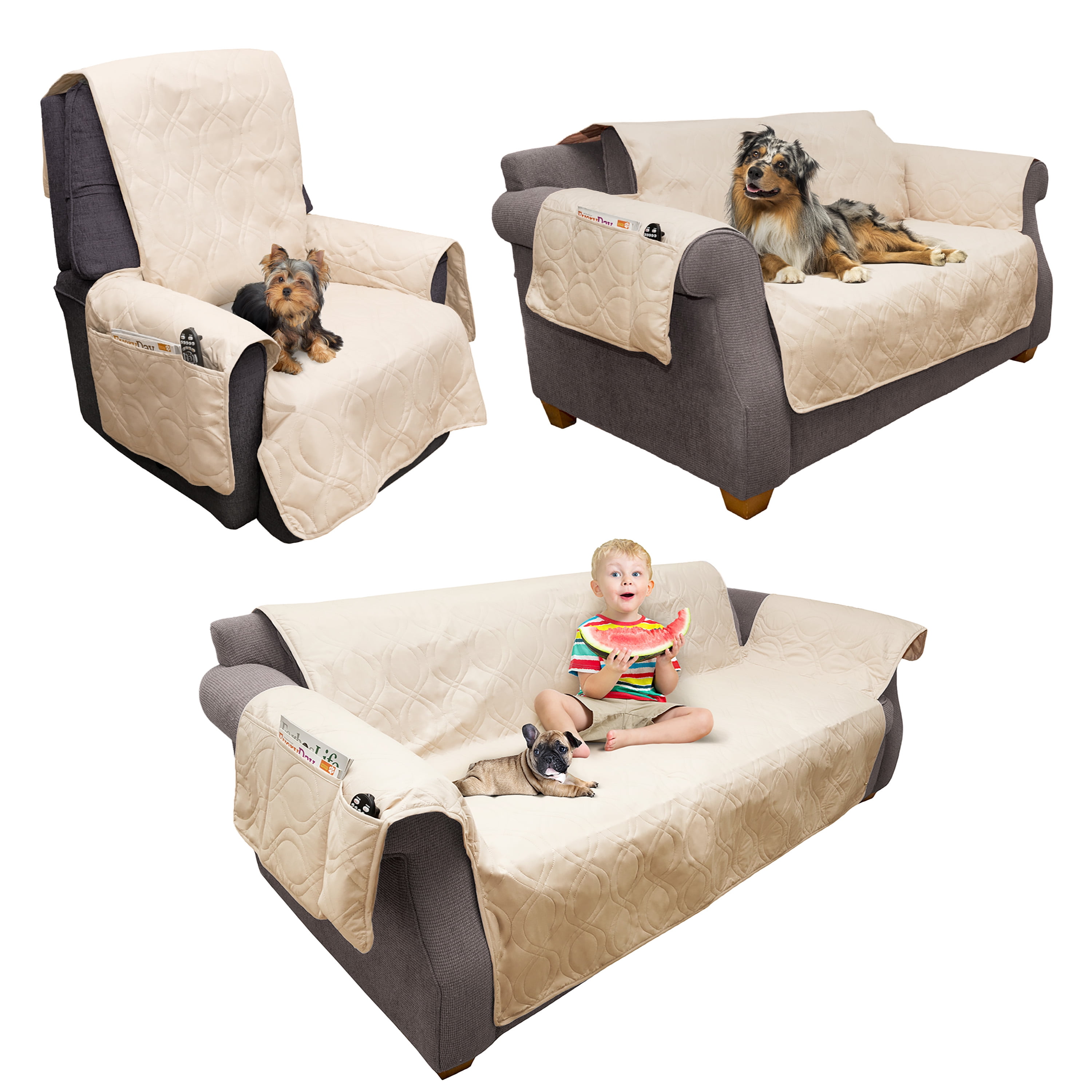 Petmaker Pet Couch Protector - Waterproof Furniture Sofa Cover for Dogs - with Non-Slip Straps (Tan)