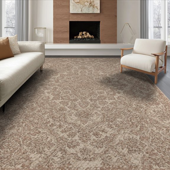 ODIKA 8'x10' Washable Area Rug Non-Slip Chair-Friendly Mat Retro Central Emblem Ornate Floral Motifs Neutral Palette Design for Dining Room, Large Office, Lounge