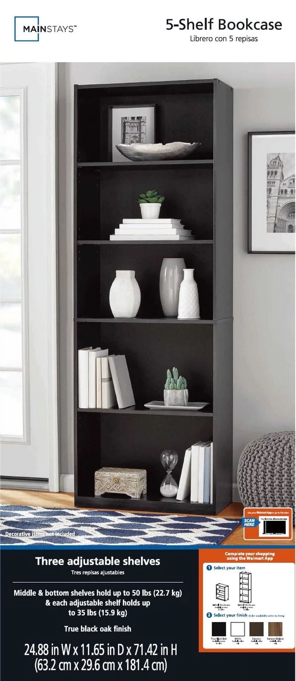 Mainstays 5 Shelf Bookcase with Adjustable Shelves True Black Oak