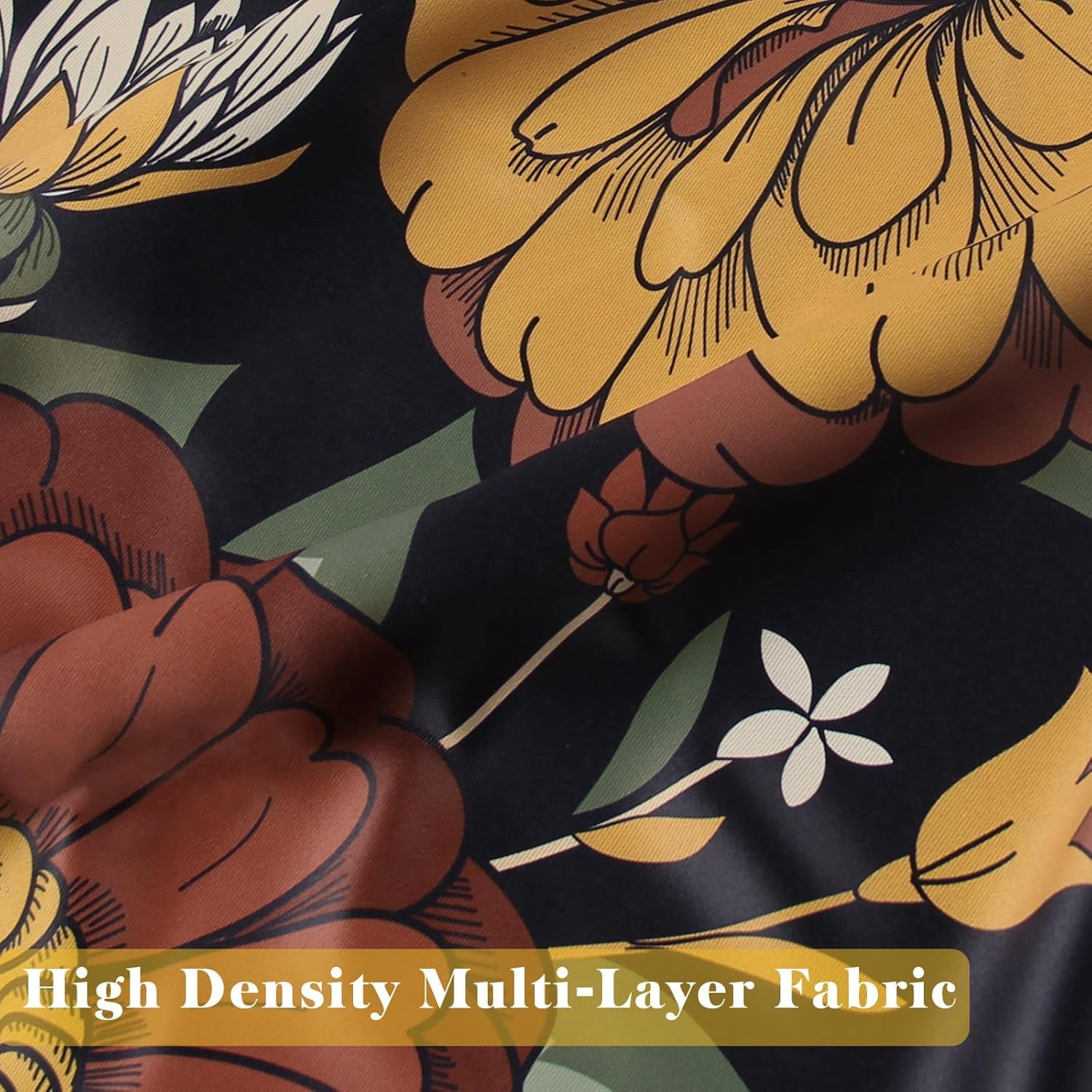 Boho Flower Blackout Curtains for Bedroom Windows, Plant Leaves Print Curtains for Living Room, Black Bohemian Dining Room Curtain Draperies 2 Panel Sets, 52" X 84"