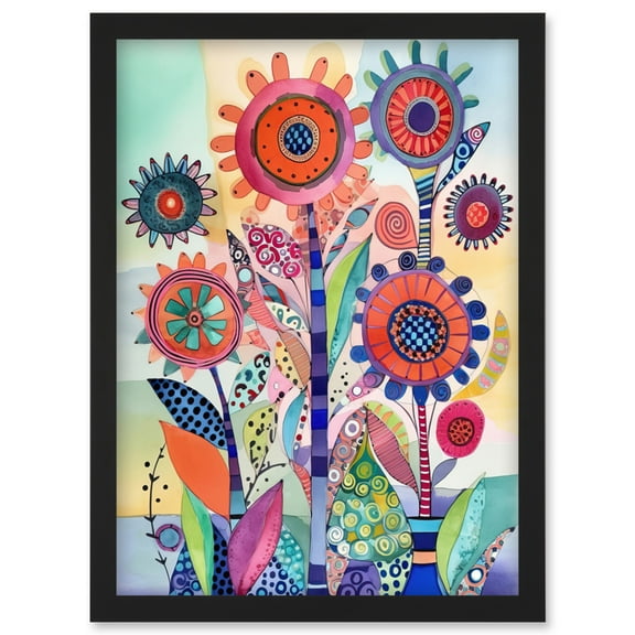 Large Flower Blooms With Embroidery Style Patterns Folk Art Watercolour Painting Artwork Framed Wall Art Print A4