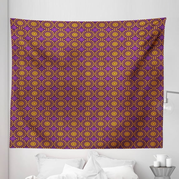 Abstract Tapestry, Repeated Pattern Illustration of Tribal Design Circular Motifs, Fabric Wall Hanging Decor for Bedroom Living Room Dorm, 5 Sizes, Dark Yellow Quartz and Purple, by Ambesonne