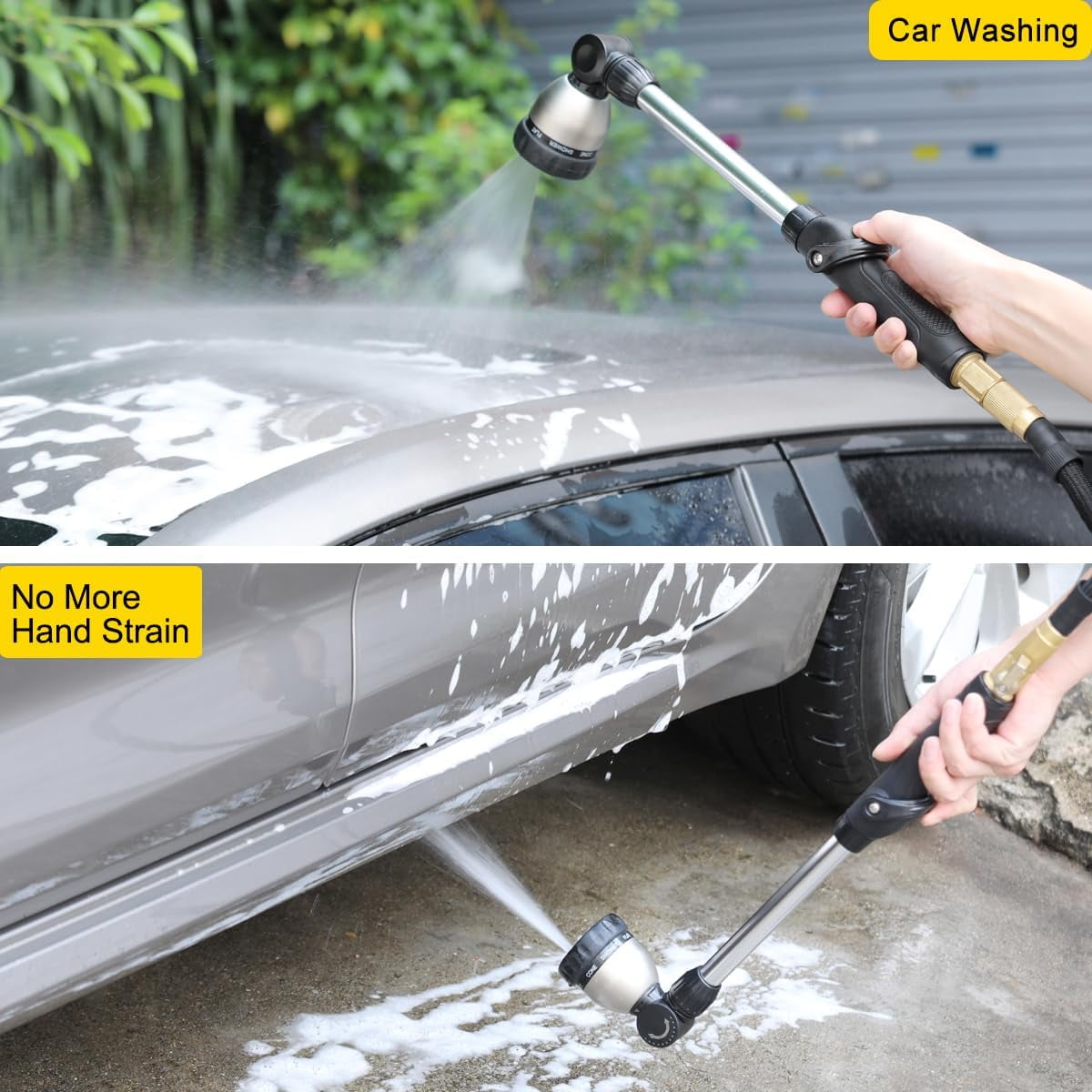 FANHAO Garden Hose Wand 16 inches, Metal Watering Wand with 8 Spray Patterns, 180° Rotating Nozzle