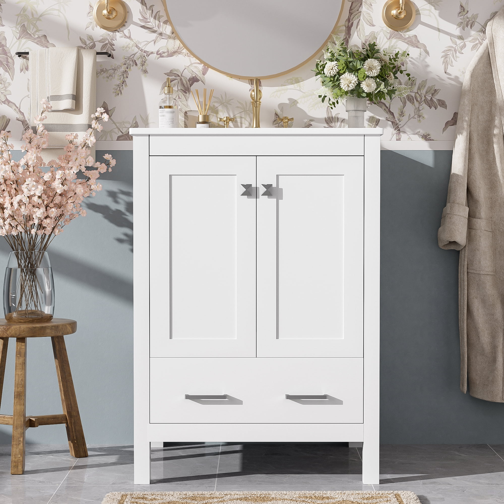 24" Bathroom Vanity with Integrated Ceramic Sink, 2 Doors with Shelves and Divider Drawer, White Finish for Organization