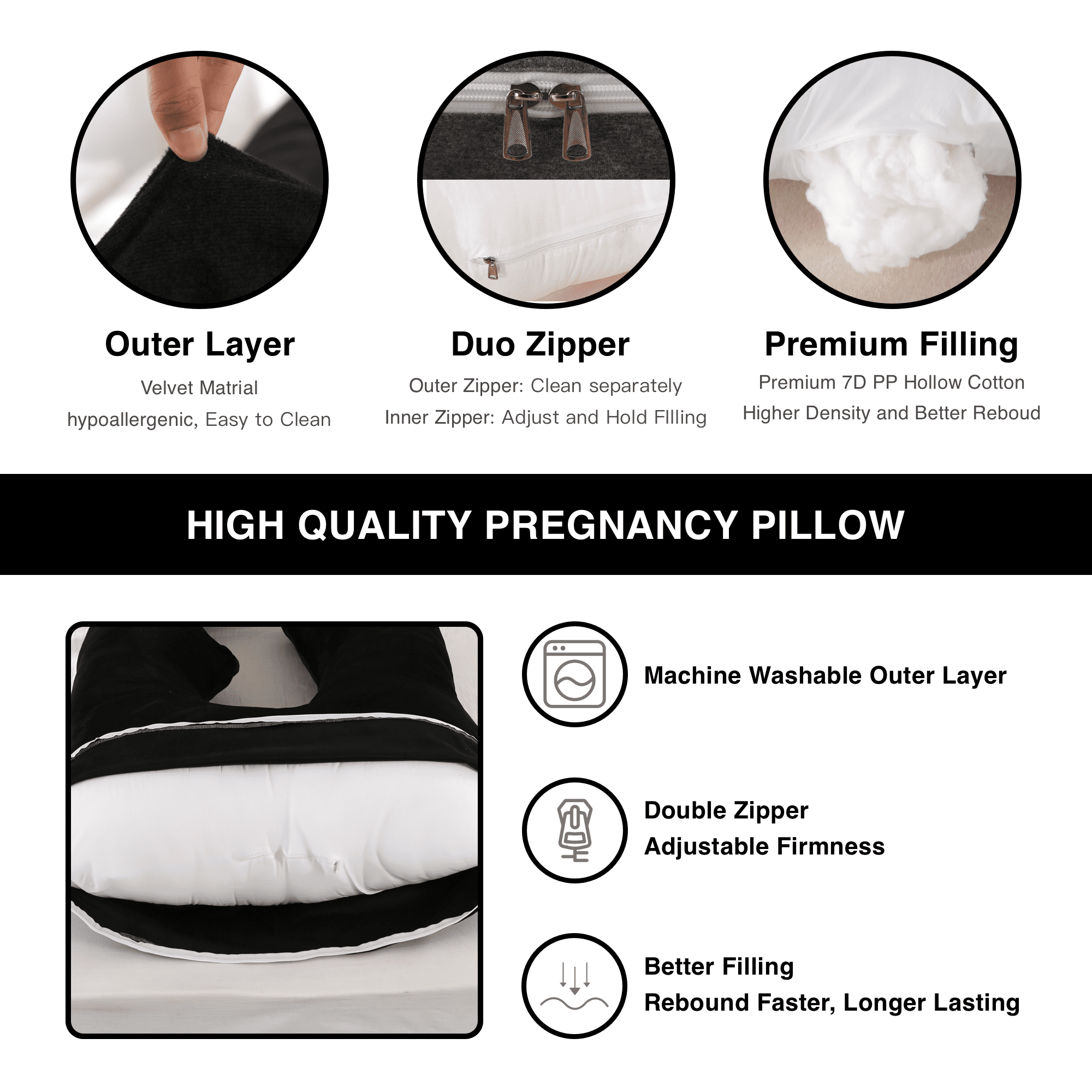 ALLOPERA Pregnancy Pillow, Full Body Maternity Pillow 57 inch, with Removable Washable Cover - Sleep Support for Legs, Back, Neck, Shoulder, HIPS, Belly for Pregnent Women, Velvet (Coal-Black)