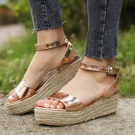 

HIBRO Women s Ladies Strap Ankle Buckle Platform Wedges Woven Sandals Roman Shoes