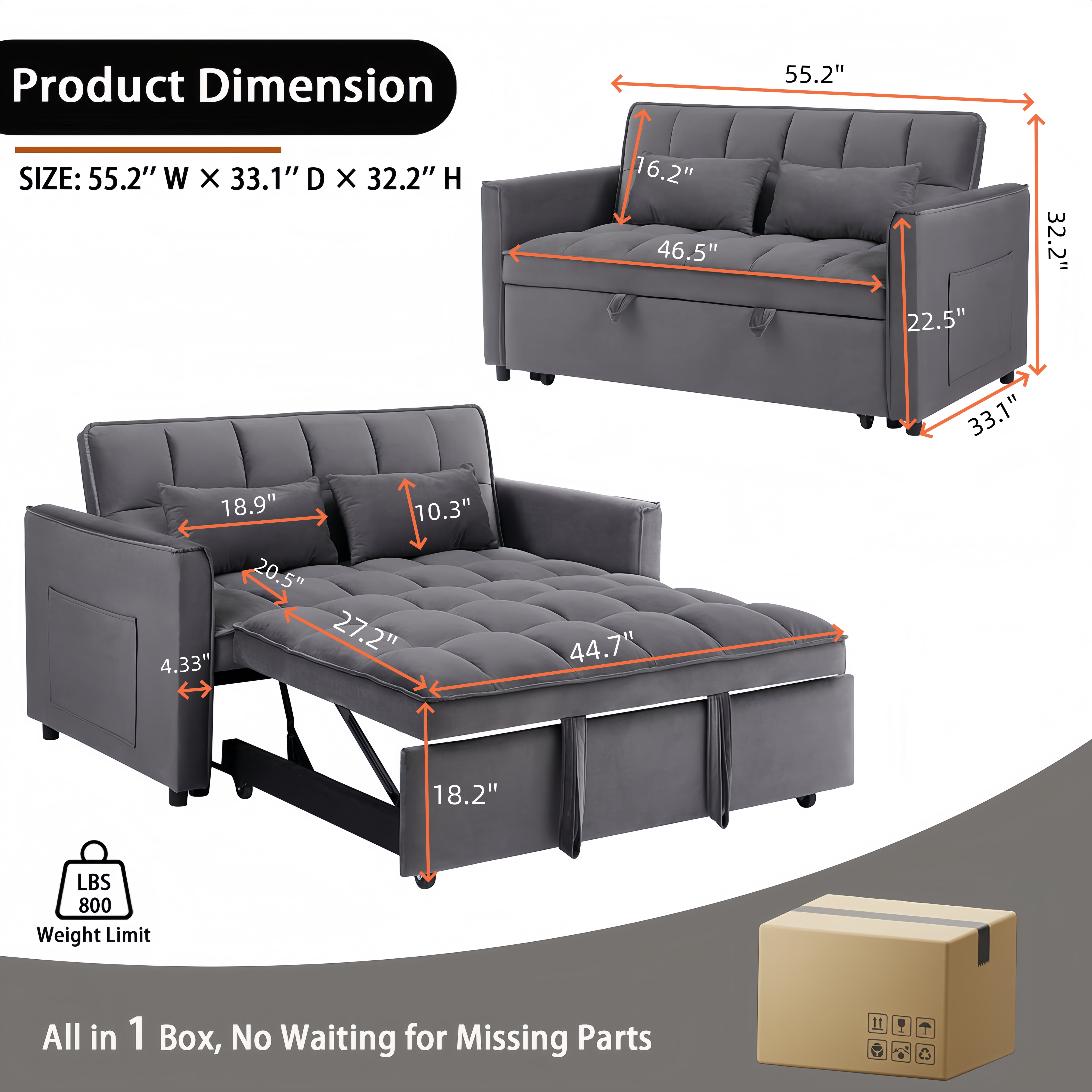 EPOWP 3 in 1 Folding Convertible Sofa Bed,55'' Pull Out Couch Bed with Side Pocket,Velvet Fabric Loveseat Sleeper Sofa with Adjustable Backrest,Easy Assembly,Perfect for Living Room,Grey
