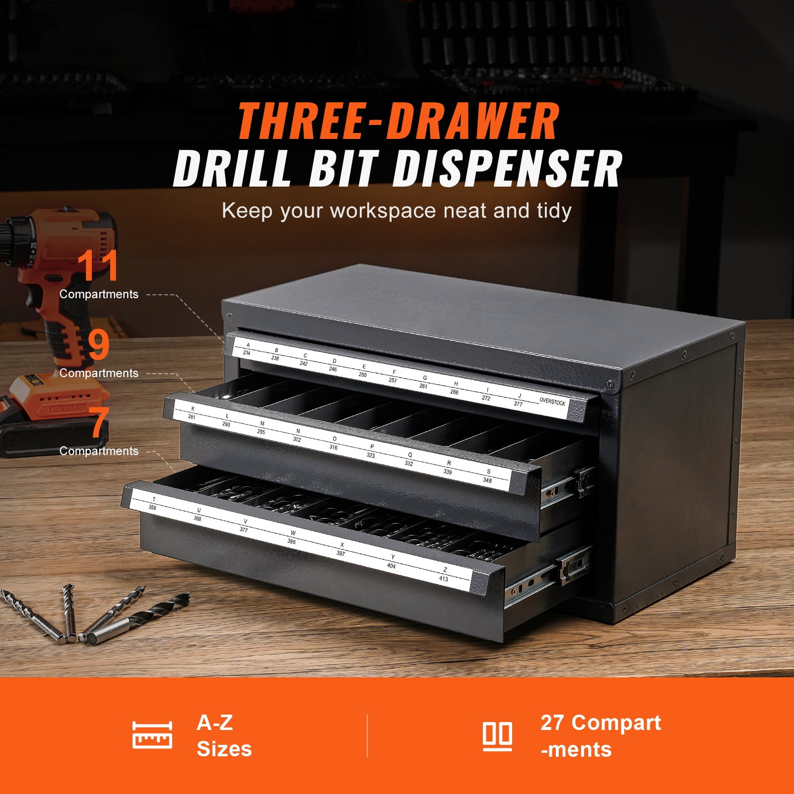 KFFKFF Steel Drill Bit Organizer Cabinet, Three-Drawer Storage Unit for A to Z, Stackable Dispenser with Labels for Drill Bit Organization