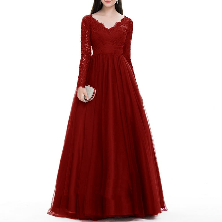 chinese dress ladies Red Long Sleeve Lace Gown (#Bella) main image 0