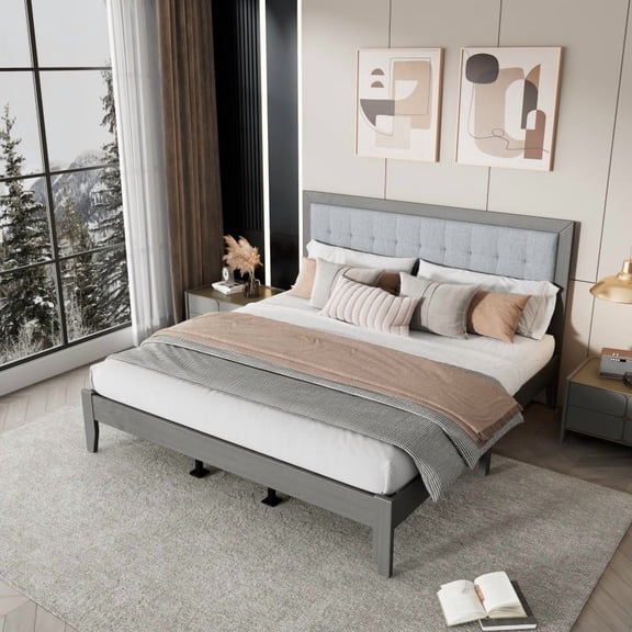 Solid Wood Platform Upholstered Headboard King Bed