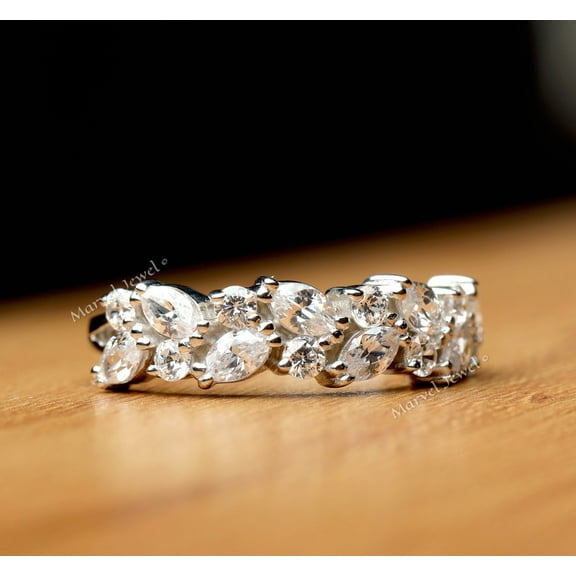 Delicate Marquise Cut Diamond Half Eternity Band, Split Shank Diamond Band Ring, Women's Wedding Anniversary Band, 925 Sterling Silver, 2.0 Ct Simulated Diamond
