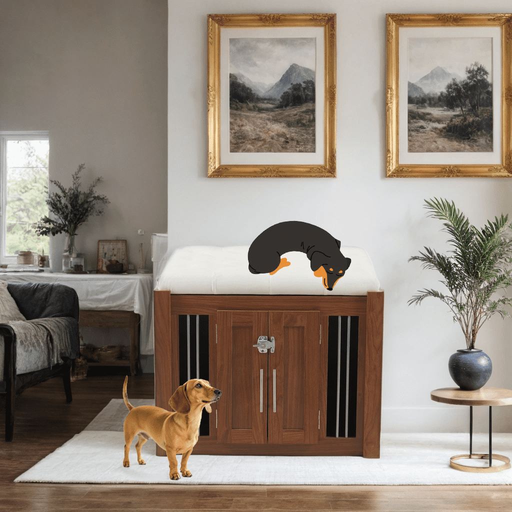 Euroco 30.25"L, Furniture Style 2 in 1 Dog Crate with Padded Seat, Sliding Barn Door, Luxury Wooden Dog Kennel, End of Bed Bench Ottoman with Removable Cushion for Bedroom, Living Room, Walnut