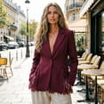 thumbnail image 2 of Xinoom Women Single Button Blazer Jacket, Notched Lapel Long Sleeve Suit Coat, Lace Panel Spliced Hem, Elegant Slim Fit For Work Office Business Casual Occasions Wine,S, 2 of 8