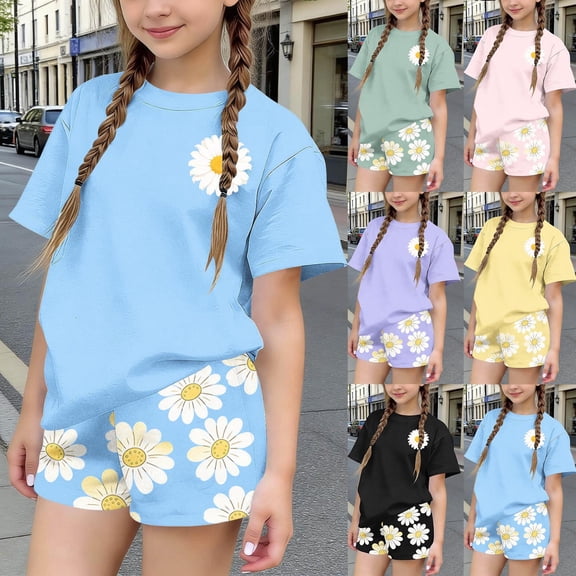 Auroural Girls Clothes 12-14 Girls 2 Piece Outfit Size 12/14 Children's Summer Printing Leisure Round Neck Short Sleeves Top and Shorts Two-Piece Set for Kids