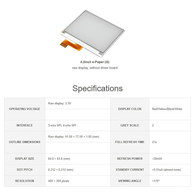 Módulo de Pantalla de Tinta Electrónica de Papel Electrónico de 4,2 Pulgadas, Papel Electrónico de 4,2 Pulgadas (G), 400 X 300, Rojo/Amarillo/Negro/, Interfaz SPI
