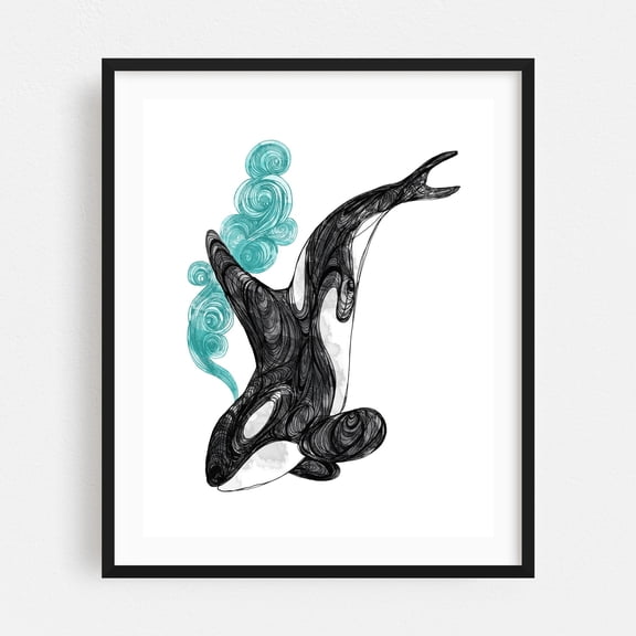 Dive - Mixed Media Marine Life Watercolor Illustration Animal Aquatic Line Art Black Framed Wall Art Print 6 x 8 inches