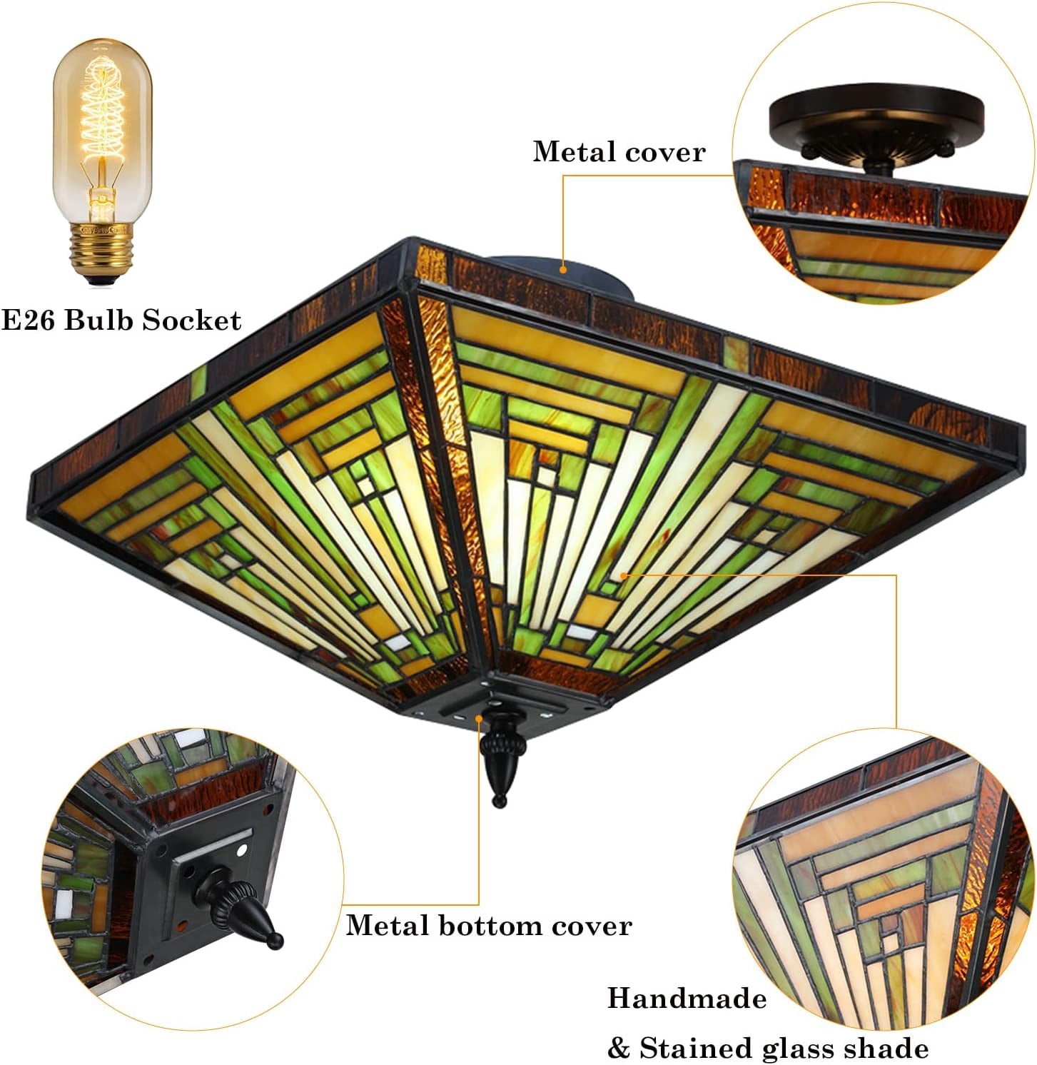 14 inch Tiffany Style Ceiling Light Wide Amber Brown Stained Glass Semi Flush Mount Ceiling Lamp for Kitchen Porch Entryway Bathroom Hallway 2 Light