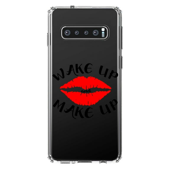 DistinctInk Clear Shockproof Hybrid Case for Samsung Galaxy S10 (6.1" Screen) - TPU Bumper Acrylic Back Tempered Glass Screen Protector - Wake Up and Make Up