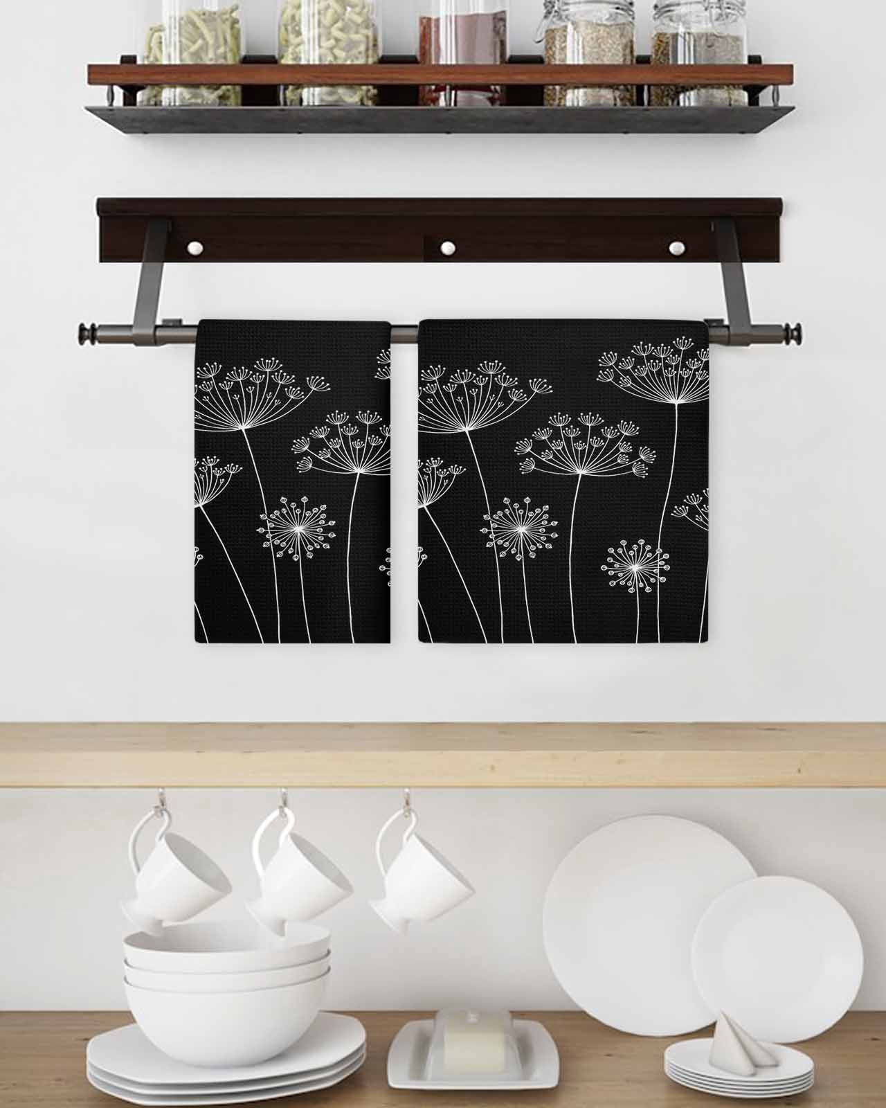 Black Dandelion Kitchen Dish Towels for Drying Dishes Set of 2, Spring Modern Minimalist Country Flower Waffle Weave Microfiber Hand Tea Bathroom Towels Quick Dry & Absorbent Towel 15.7x23.6