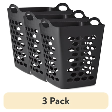 (3 pack) Mainstays Flexible Square Laundry Hamper, Black Plastic