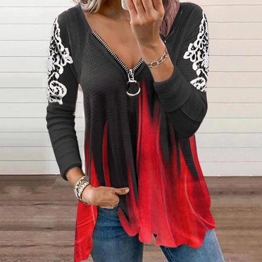 CEHVOM Women Fashion V-neck Tie-Dye Lace Printed Long Sleeve Zipper Neck Tops T-shirt