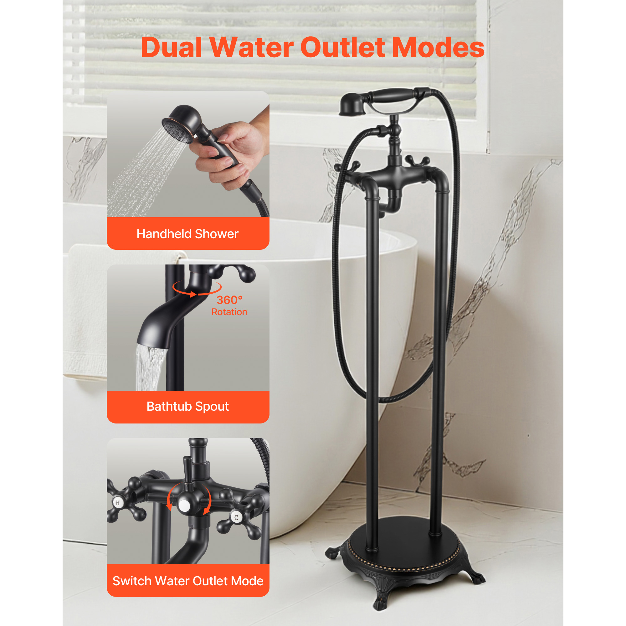 KFFKFF Freestanding Clawfoot Tub Faucet with Handheld Shower, Oil-Rubbed Bronze Finish, Vintage-Style Bathtub Filler with 360° Swivel Spout and 59-Inch Hose
