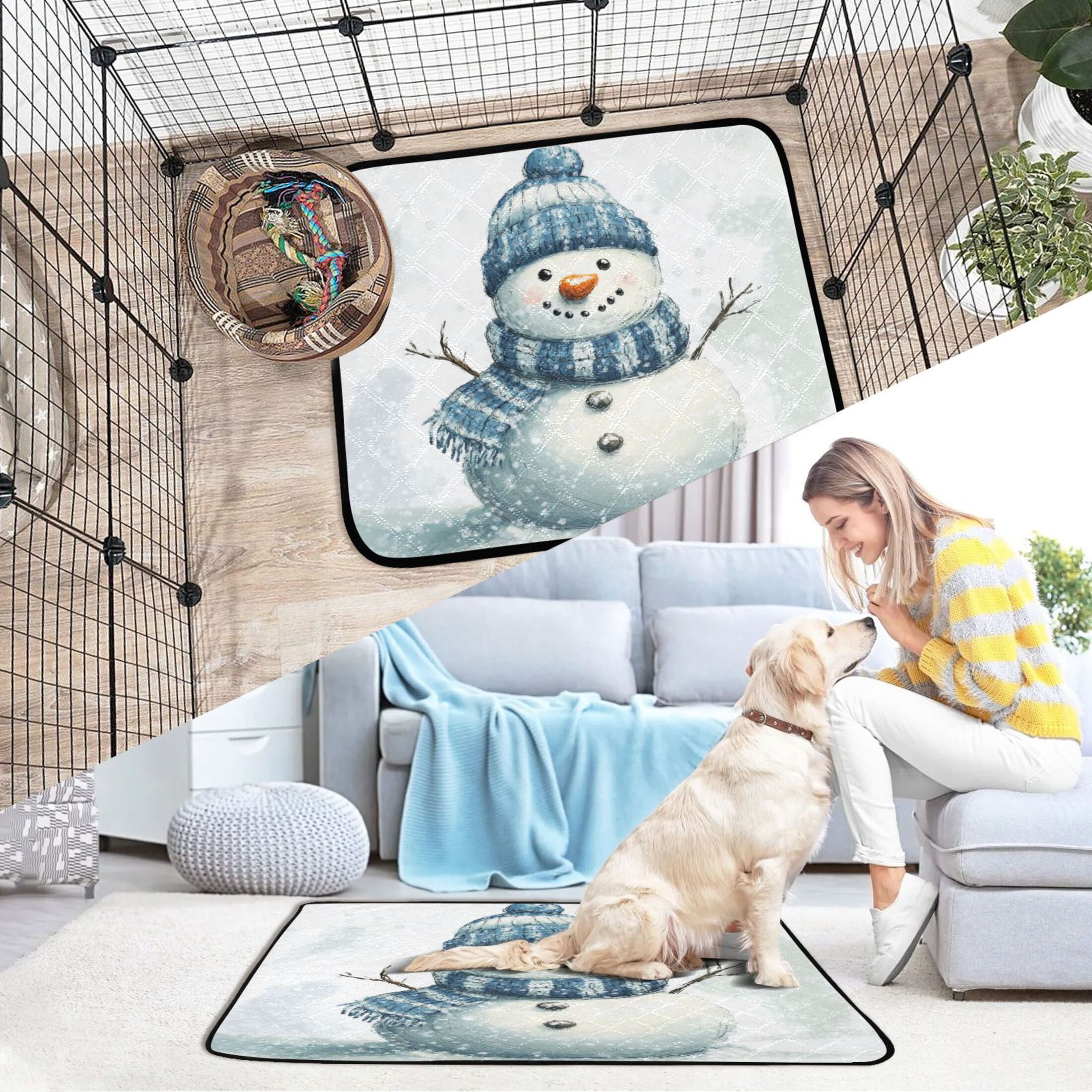Qxltty Snowman Wearing A Blue and White Scarf Cat litter Pads Pet Set of 2 Diaper Mats Center Anti-leakage Layer Absorbent Soft and Comfortable