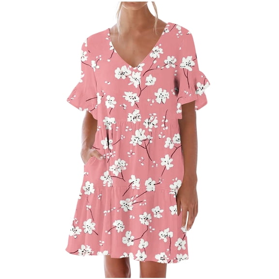 Tnhcen Women's Short Sleeve V Neck Pocket Ruffle Sleeve Cherry Print Casual Dress S-2XL 95% Polyester 5% Spandex Stretchy Fabric Summer Dress Plus Size Daily Wear