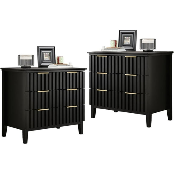 LAZZO Nightstands Set of 2 Oversized Bedside Table Fluted 3 Drawer Nightstand Tall Side Tables Large Night Stand with Storage,Gold Metal Handles and Painted MDF Surface for Bedroom Black