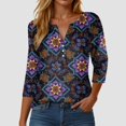 thumbnail image 2 of GEWSEY Womens 3/4 Sleeve Tops Summer Henley V-Neck Tshirts Casual Pleated Blouse Dressy Loose Floral Basic Tee (Navy, S), 2 of 5