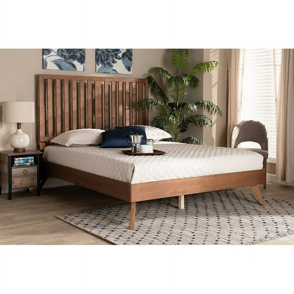 Baxton Studio Saki Mid-Century Modern Walnut Brown Finished Wood Queen Size Platform Bed